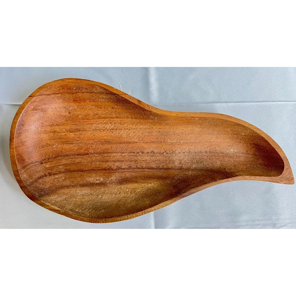 Vintage Hand Carved Wooden Fruit 10 Piece Set with Leaf Shaped Bowl Centerpiece